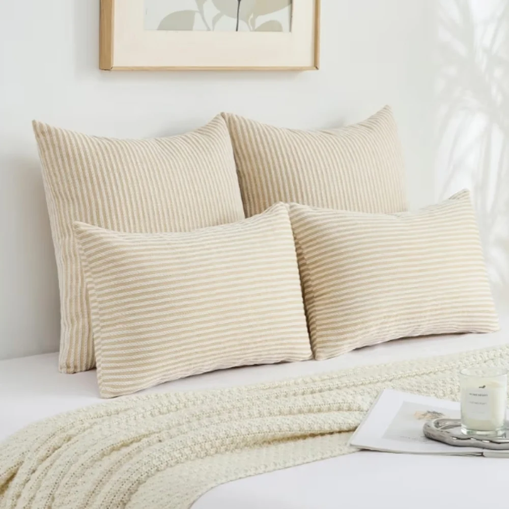 2 Beige Decorative Throw Pillow Covers 24x24‎ Striped Cover Euro Sham NWOT
